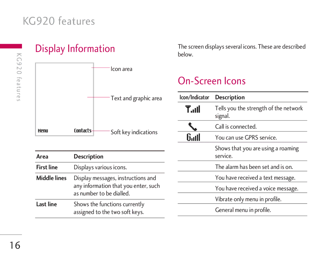 LG Electronics KG920 manual Display Information, On-Screen Icons 