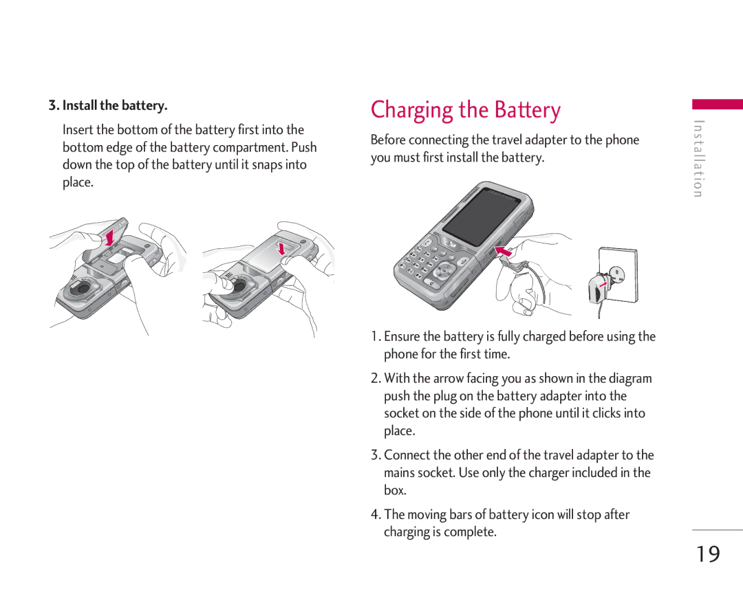 LG Electronics KG920 manual Charging the Battery, Install the battery 