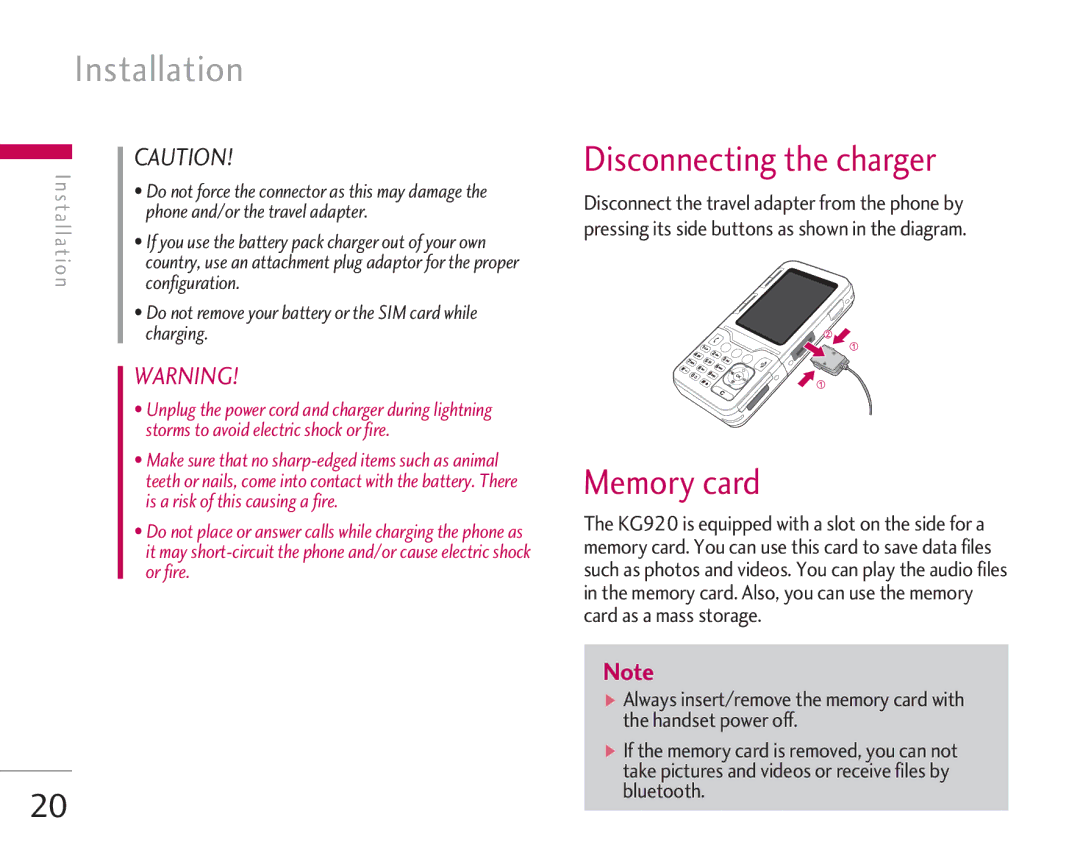 LG Electronics KG920 manual Installation, Disconnecting the charger, Memory card 