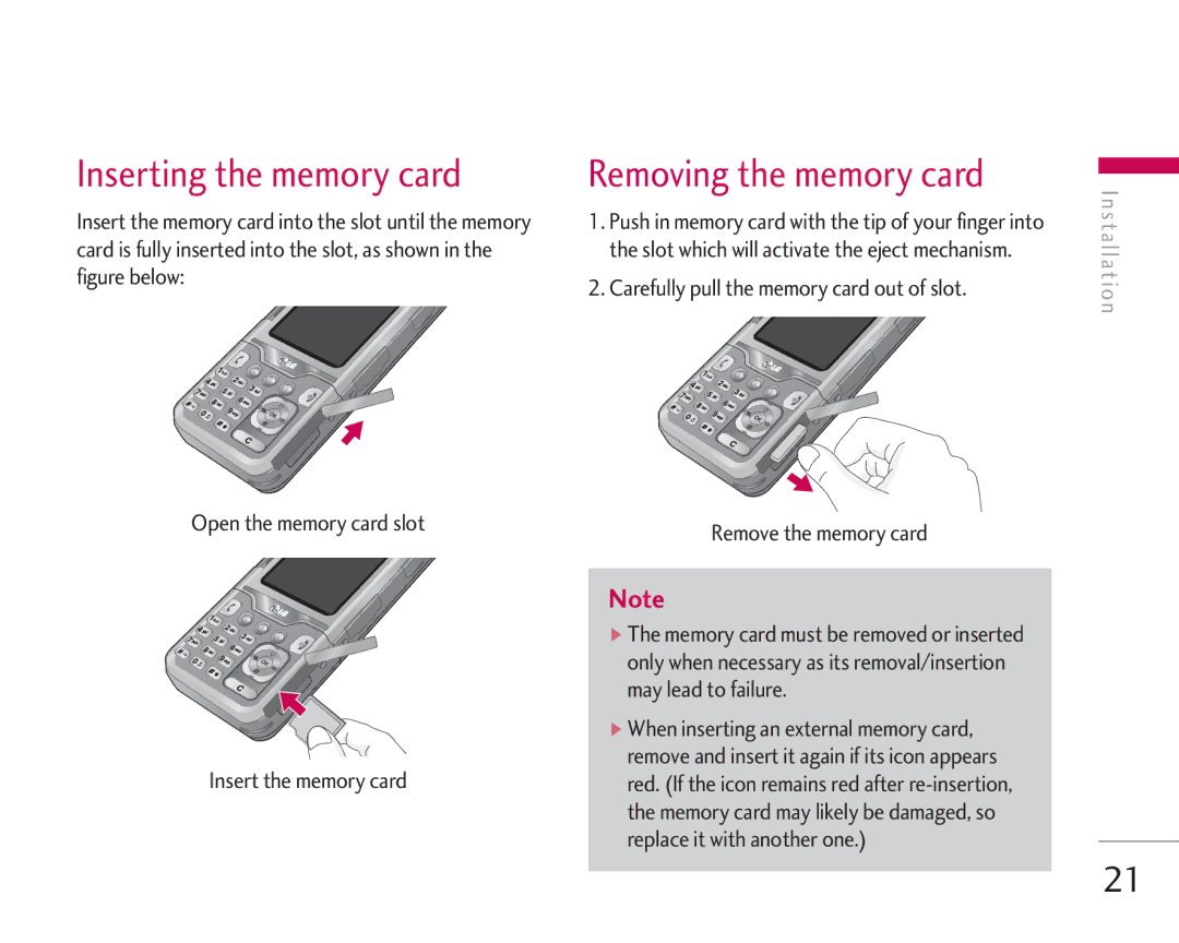 LG Electronics KG920 manual Inserting the memory card, Removing the memory card 