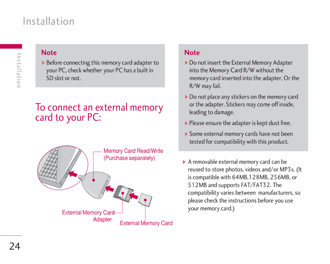 LG Electronics KG920 manual Card to your PC, SD slot or not, Please ensure the adapter is kept dust free 