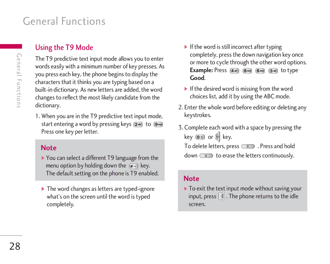 LG Electronics KG920 manual Using the T9 Mode, Dictionary, Press one key per letter, Example Press to type Good 