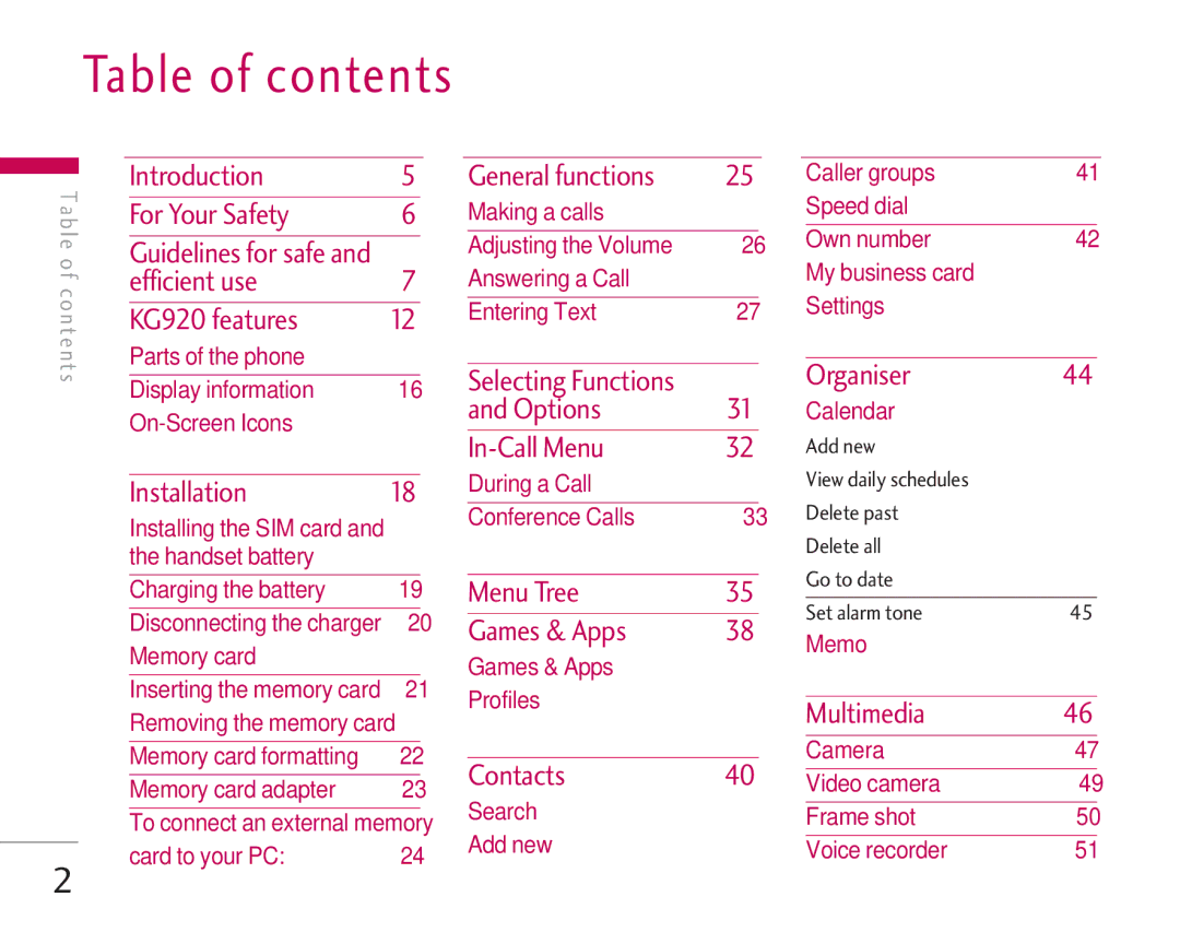 LG Electronics KG920 manual Table of contents 