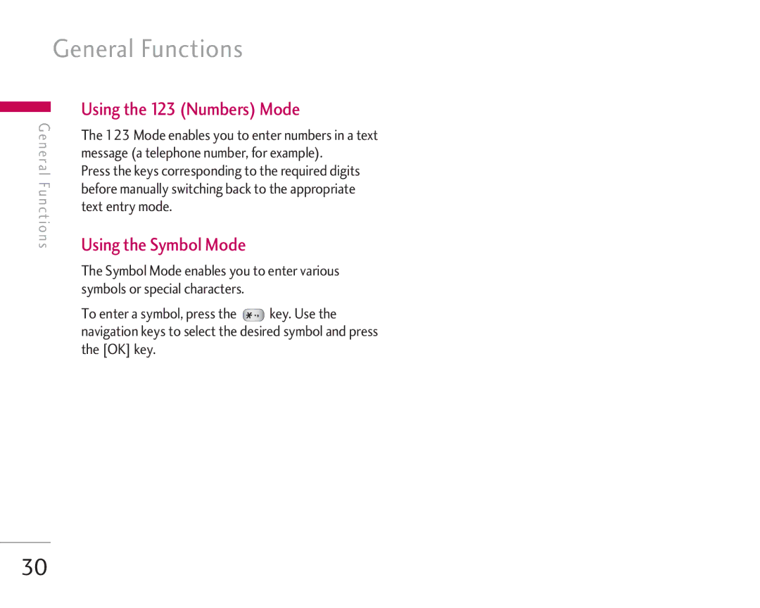 LG Electronics KG920 manual Using the 123 Numbers Mode, Using the Symbol Mode 