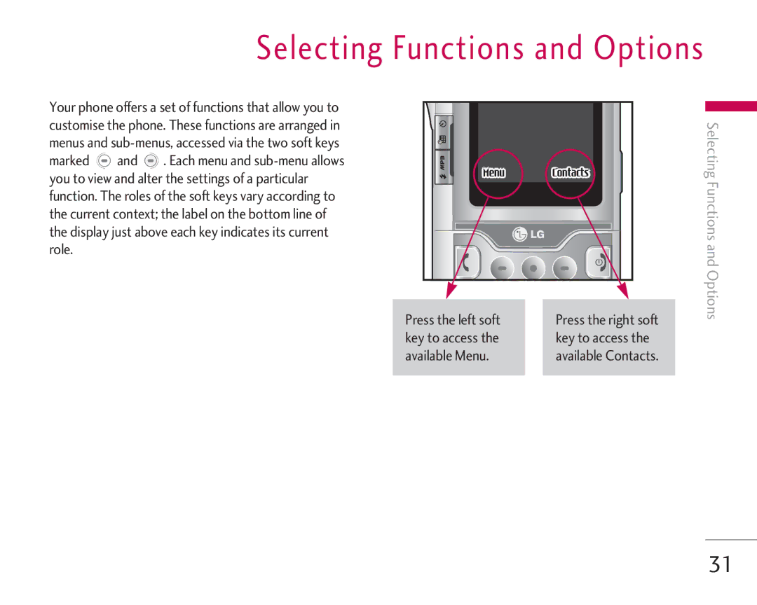 LG Electronics KG920 manual Press the left soft, Key to access Available Menu 