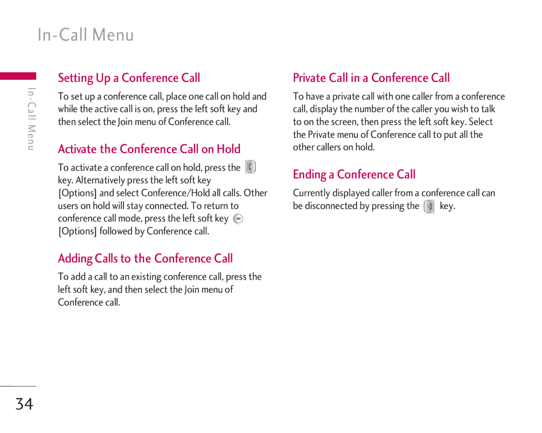 LG Electronics KG920 manual In-Call Menu, Setting Up a Conference Call, Private Call in a Conference Call 