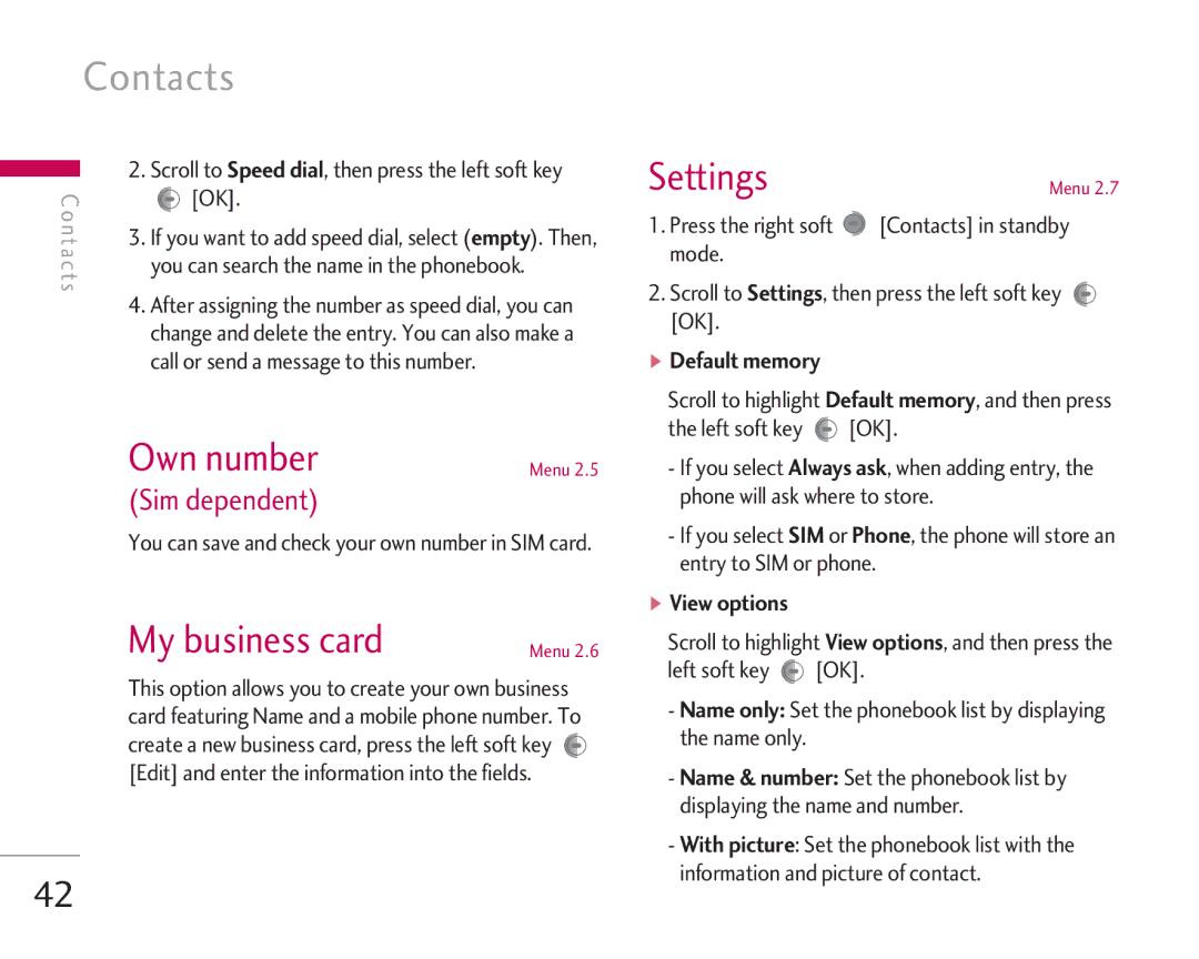 LG Electronics KG920 manual Contacts, Own number, My business card, Settings 