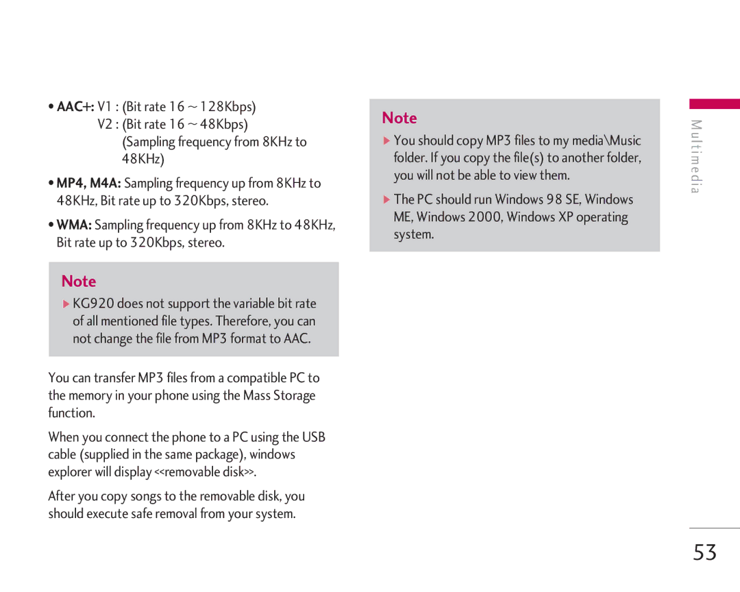 LG Electronics KG920 manual Sampling frequency from 8KHz to 48KHz 