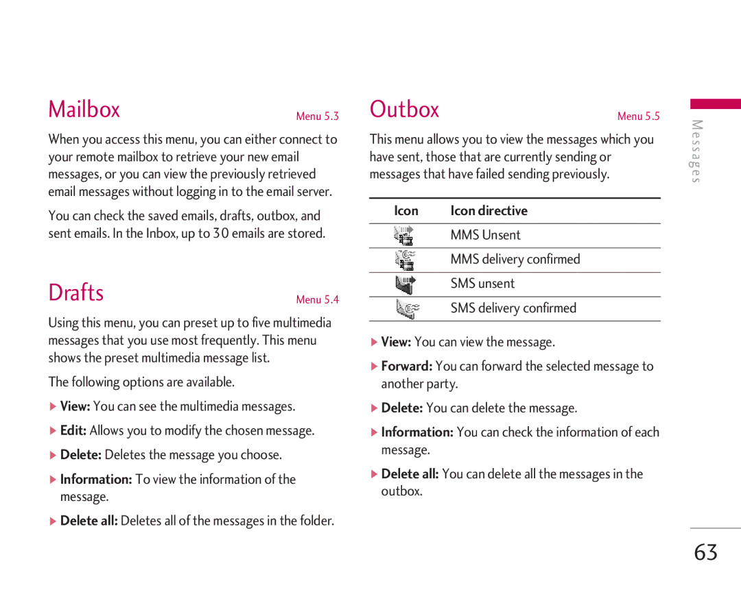 LG Electronics KG920 manual Mailbox, Drafts, Outbox, Information To view the information of the message 