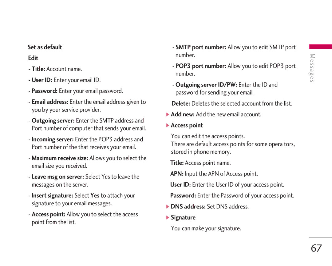 LG Electronics KG920 manual Set as default Edit, Access point, Signature 