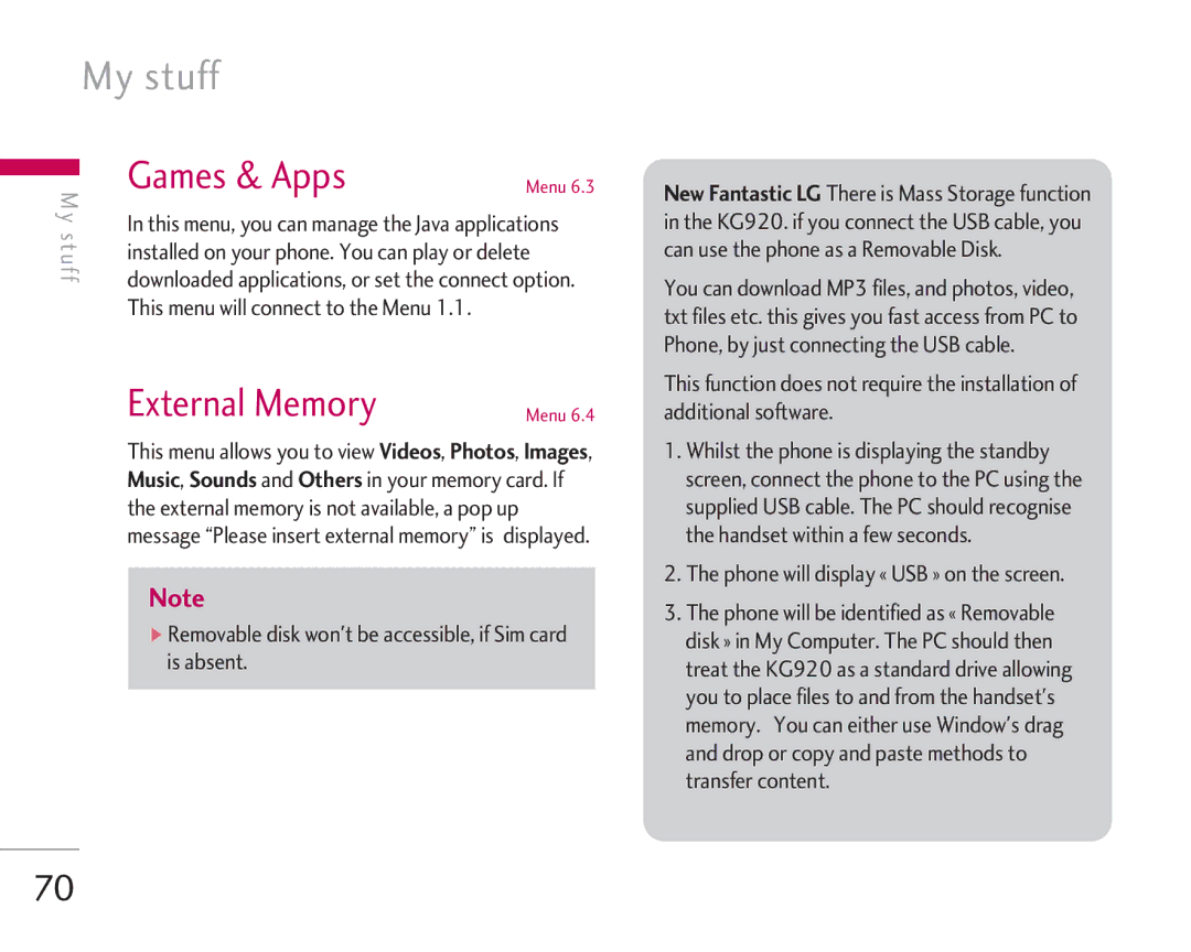 LG Electronics KG920 manual My stuff, External Memory, This menu will connect to the Menu 