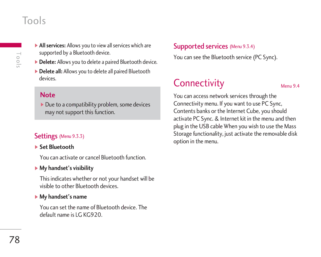 LG Electronics KG920 manual Tools, Connectivity, Supported services Menu 