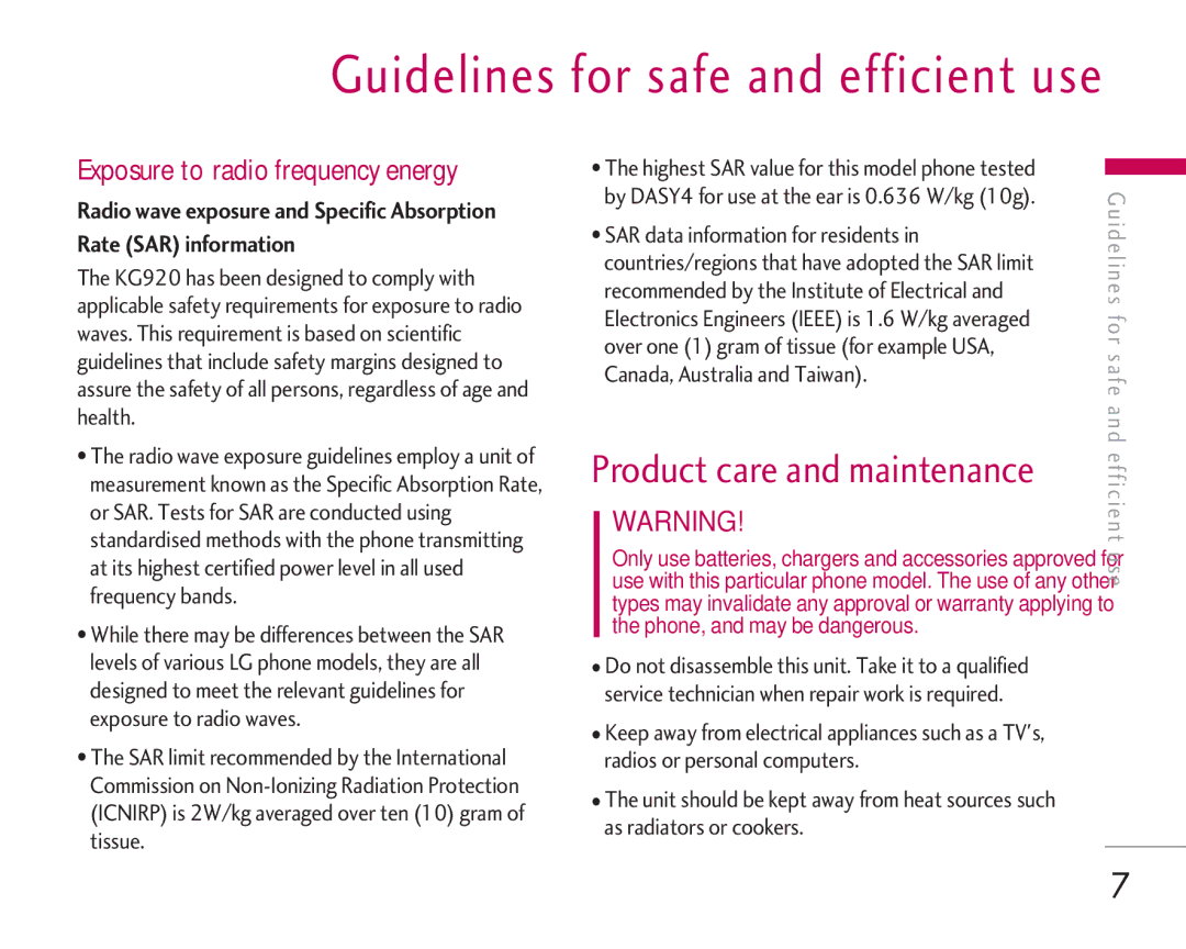 LG Electronics KG920 manual Guidelines for safe and efficient use, Exposure to radio frequency energy 