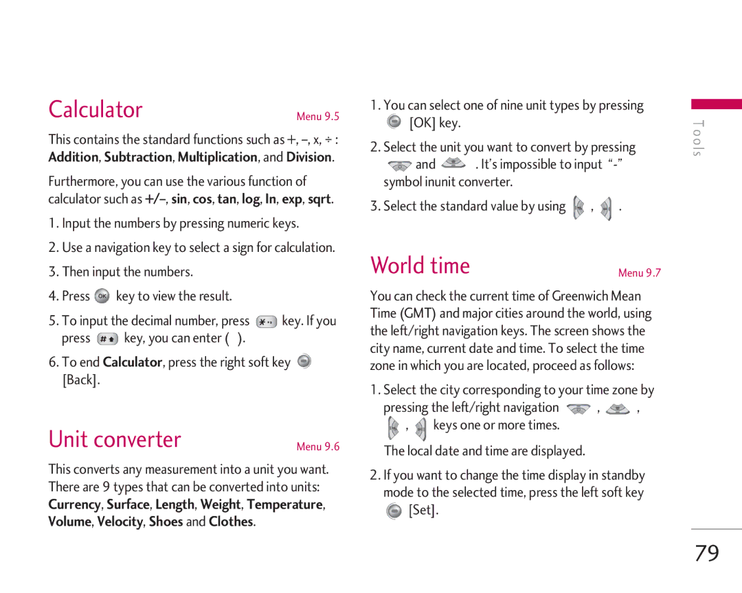 LG Electronics KG920 manual Calculator, Unit converter, World time 