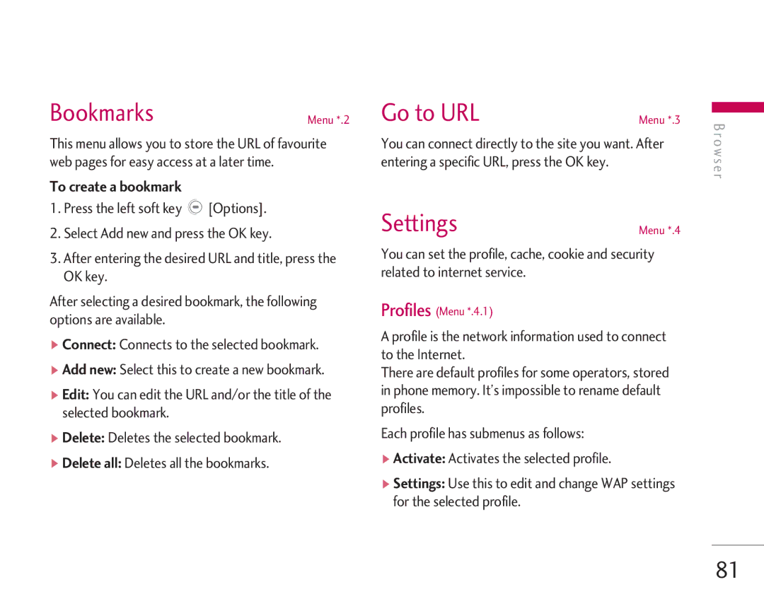 LG Electronics KG920 manual Bookmarks, Go to URL 