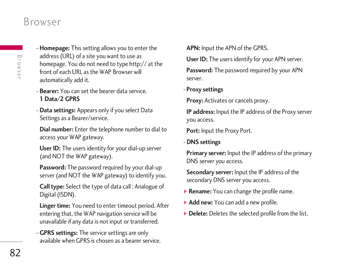LG Electronics KG920 manual Browser, Data/2 Gprs, Proxy settings, DNS settings 