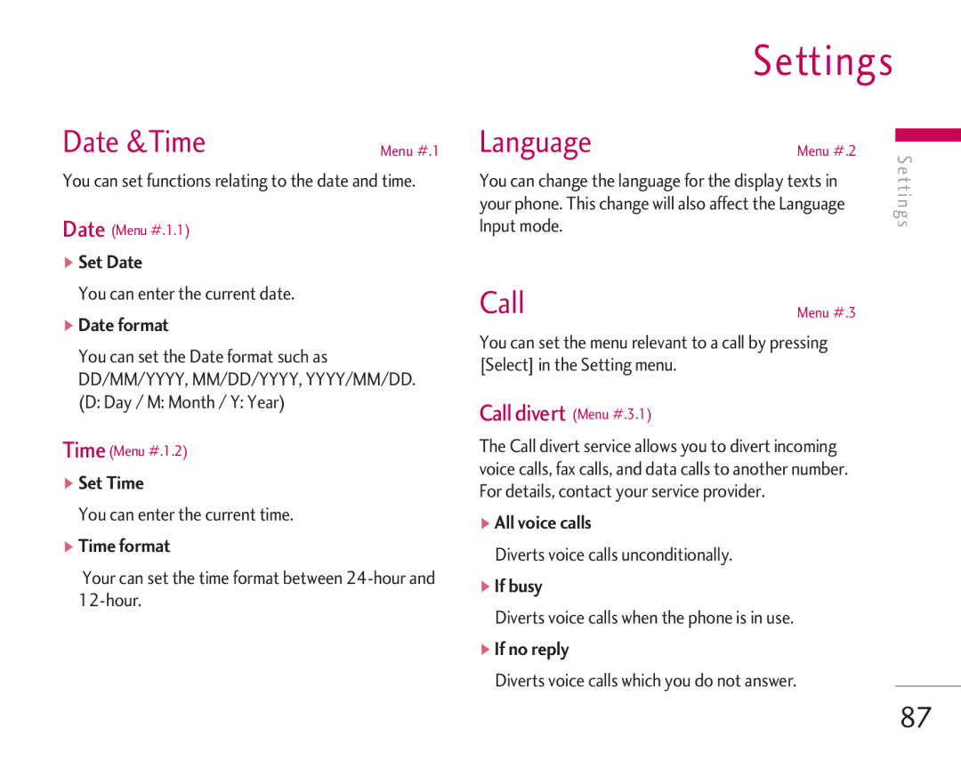 LG Electronics KG920 manual Settings, Date &Time, Language, Call divert Menu #.3.1 