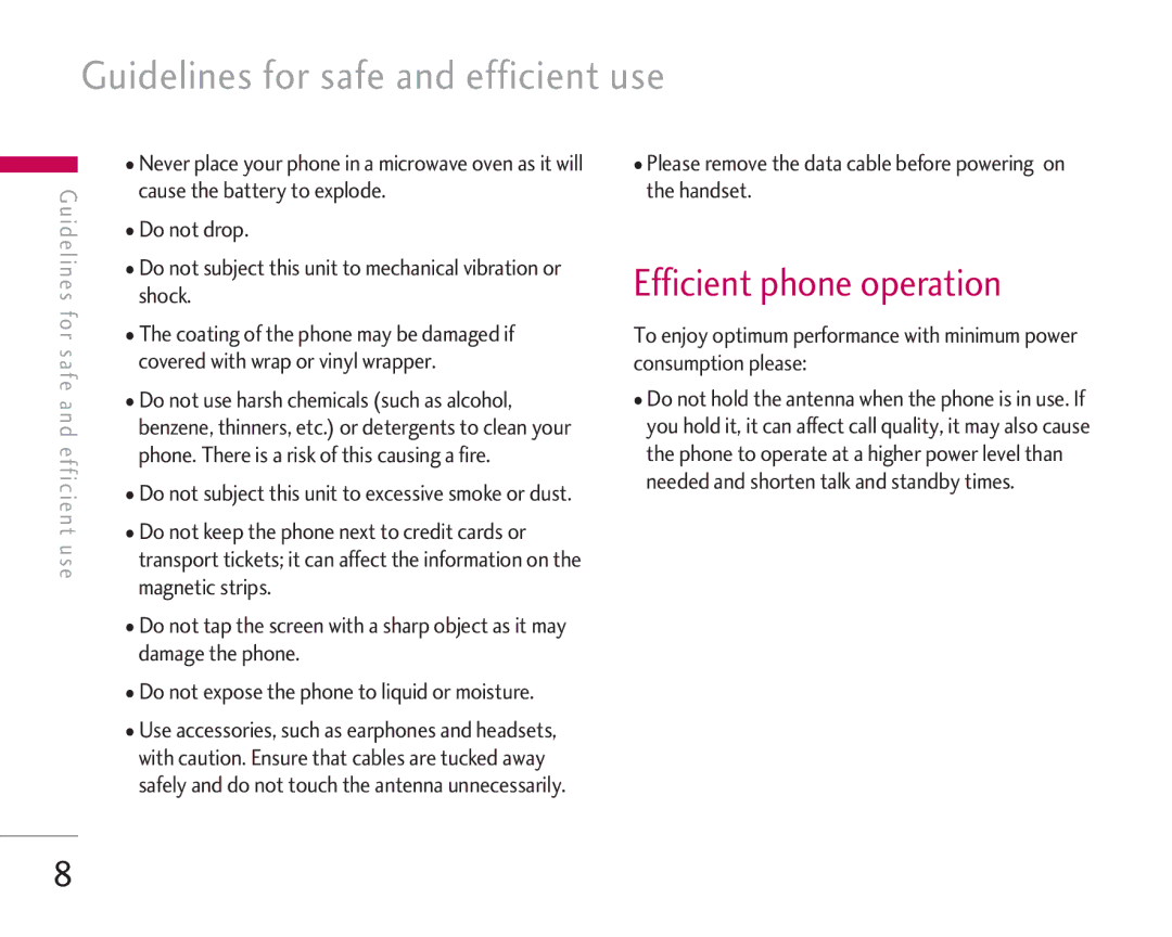 LG Electronics KG920 manual Guidelines for safe and efficient use, Efficient phone operation 