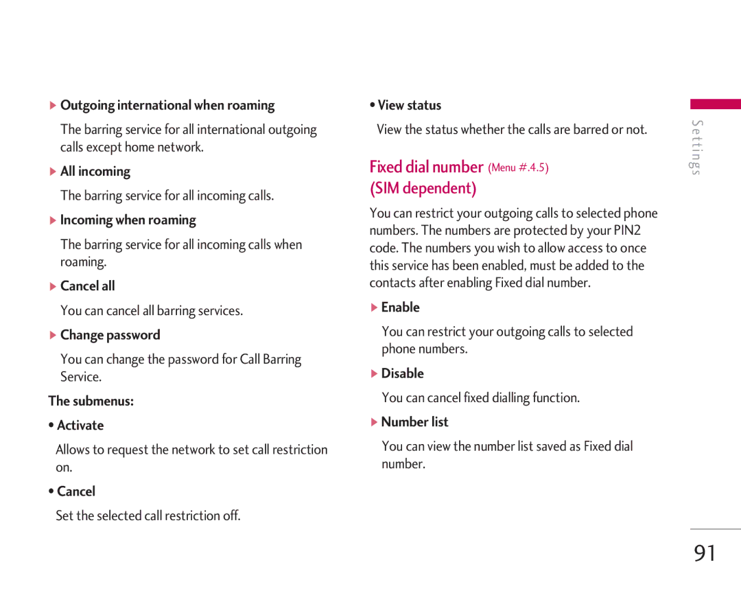 LG Electronics KG920 manual Fixed dial number Menu #.4.5 