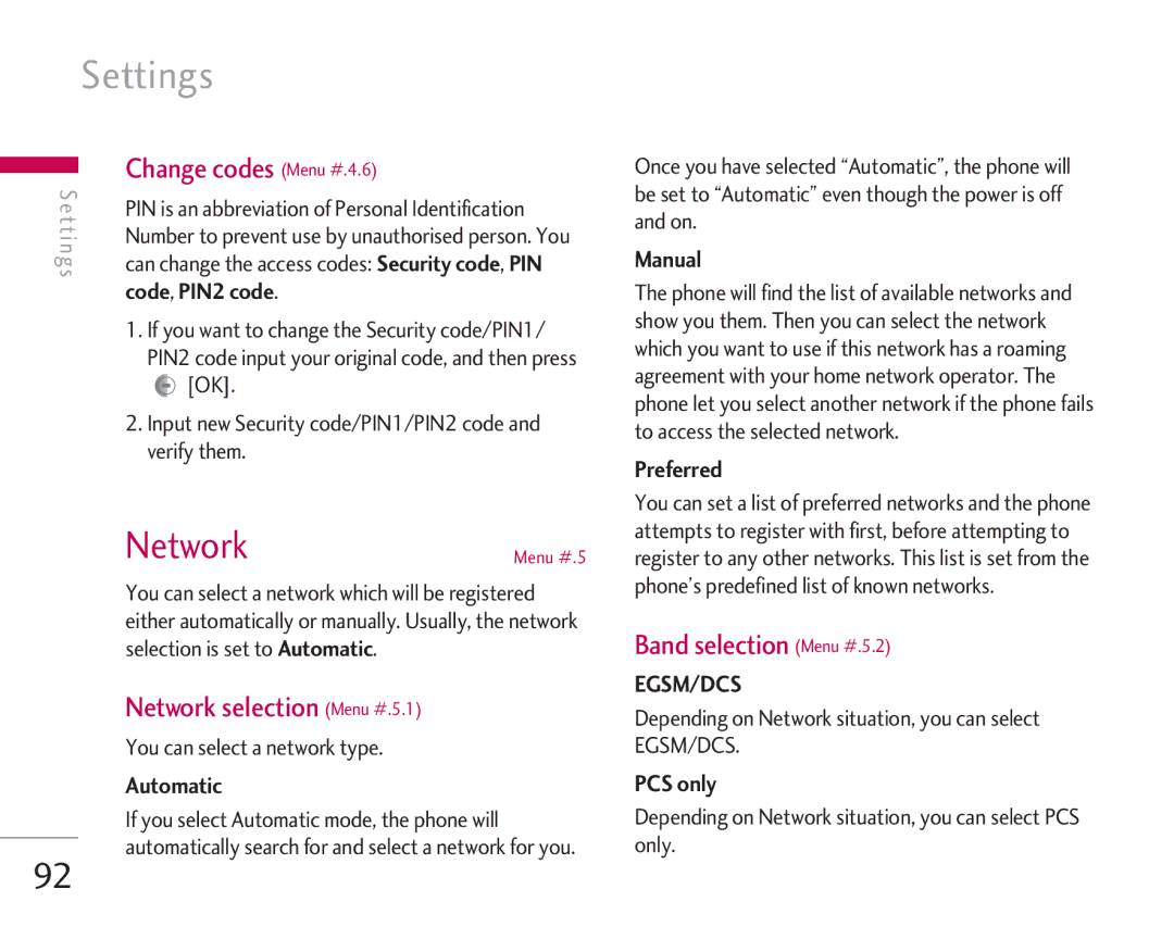 LG Electronics KG920 Change codes Menu #.4.6, Network selection Menu #.5.1, Band selection Menu #.5.2, Code, PIN2 code 