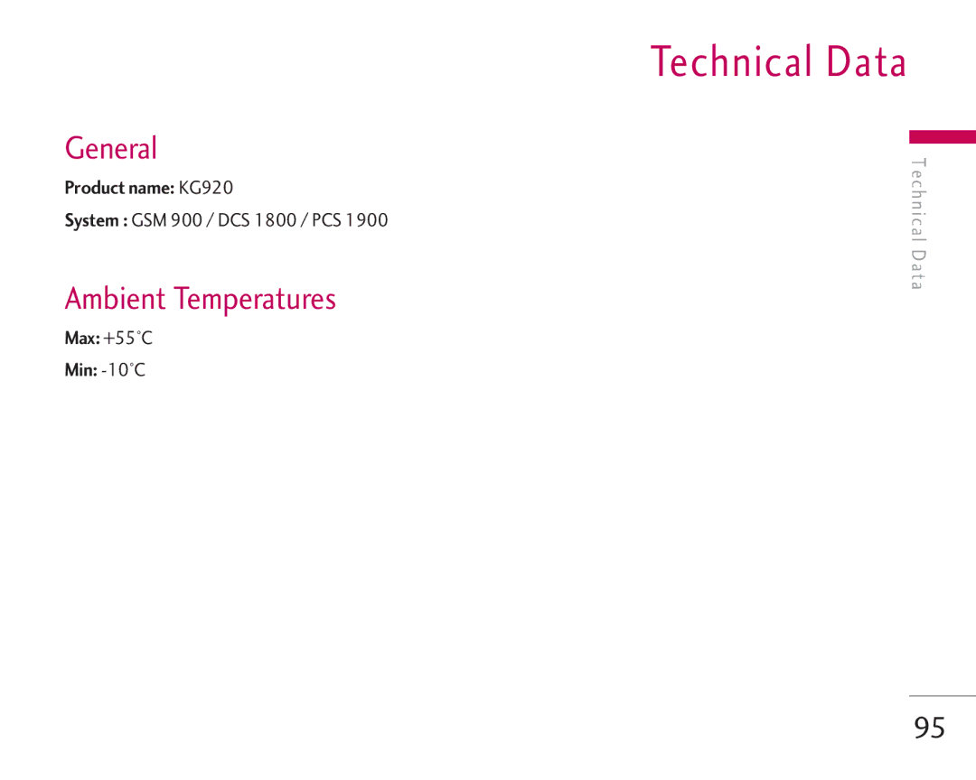 LG Electronics manual Technical Data, General, Ambient Temperatures, Product name KG920, Max +55C Min -10C 