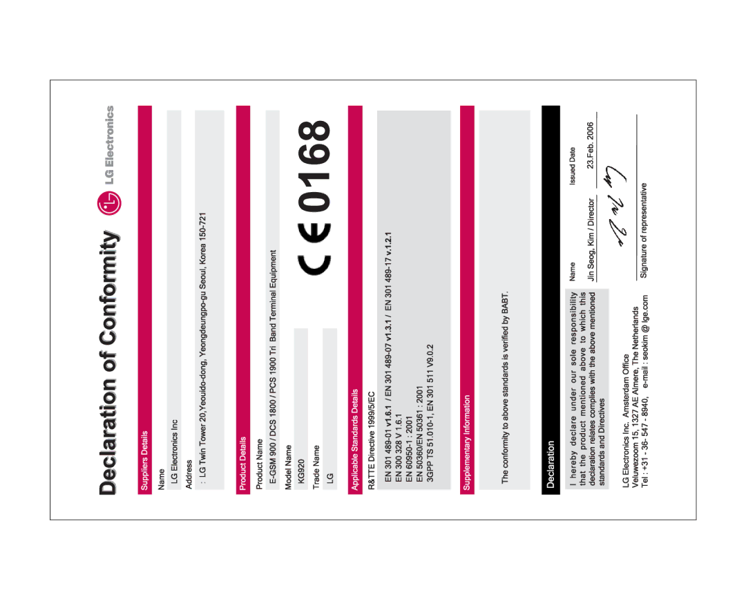 LG Electronics KG920 manual 