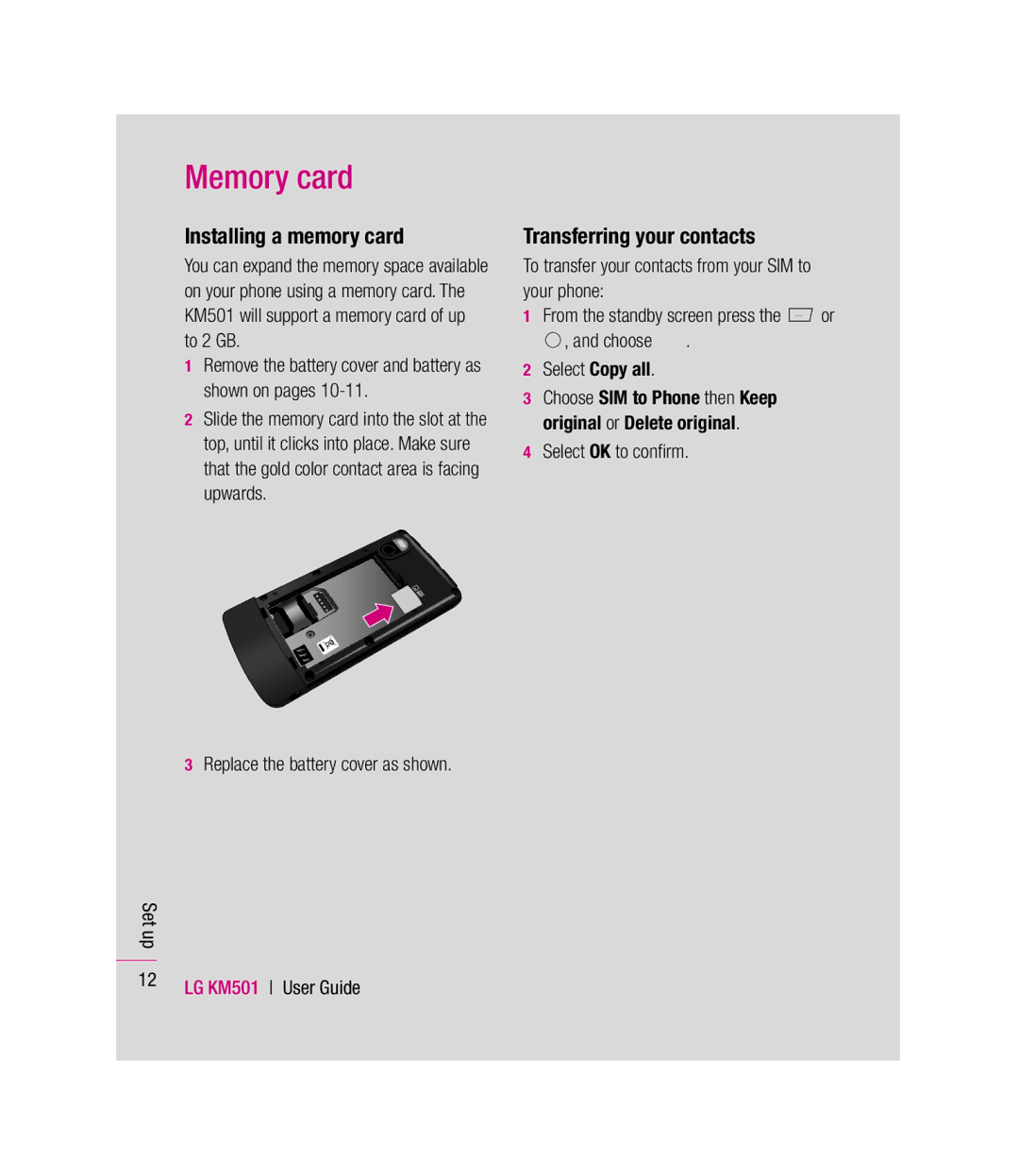 LG Electronics KM501 manual Memory card, Installing a memory card, Transferring your contacts 