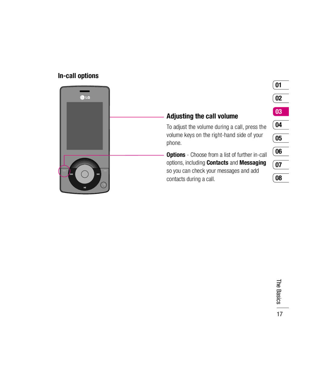 LG Electronics KM501 manual In-call options Adjusting the call volume 