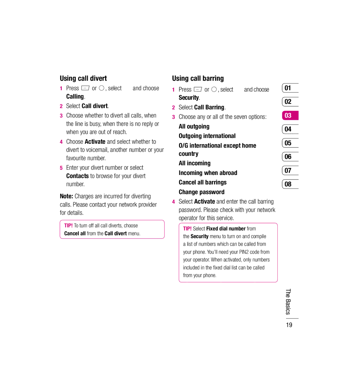 LG Electronics KM501 manual Using call divert, Using call barring, Press or , select and choose Calling Select Call divert 