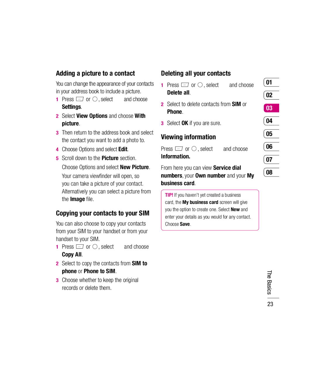 LG Electronics KM501 manual Adding a picture to a contact, Deleting all your contacts, Viewing information 