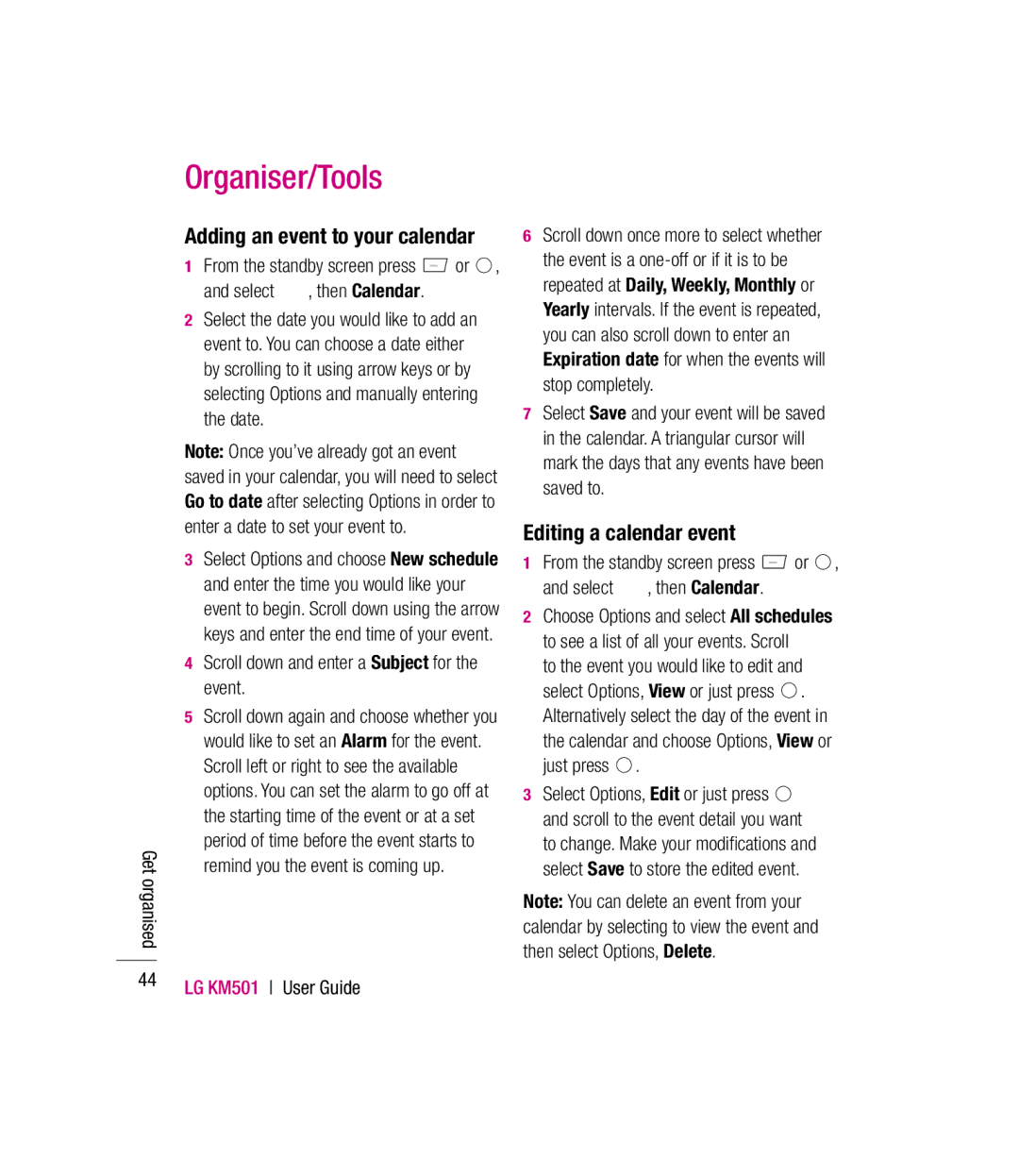 LG Electronics KM501 manual Organiser/Tools, Adding an event to your calendar, Editing a calendar event, Get organised 