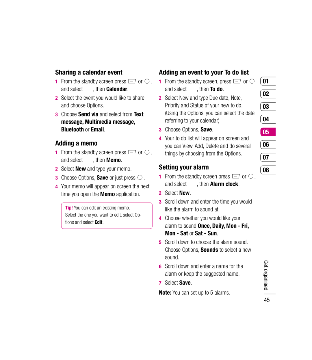 LG Electronics KM501 manual Sharing a calendar event, Adding a memo, Adding an event to your To do list, Setting your alarm 