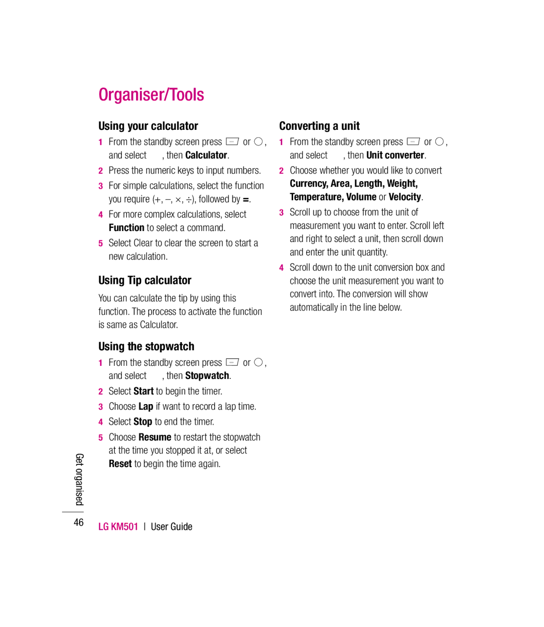 LG Electronics KM501 manual Using your calculator, Using Tip calculator, Using the stopwatch, Converting a unit 