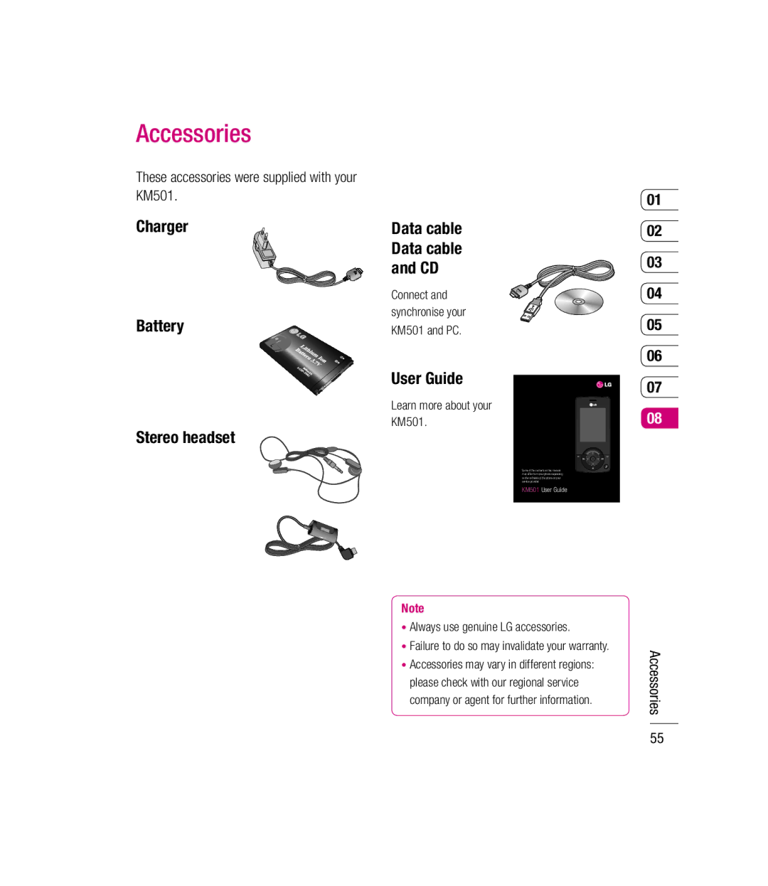 LG Electronics KM501 manual Accessories, Charger Battery Stereo headset, User Guide 