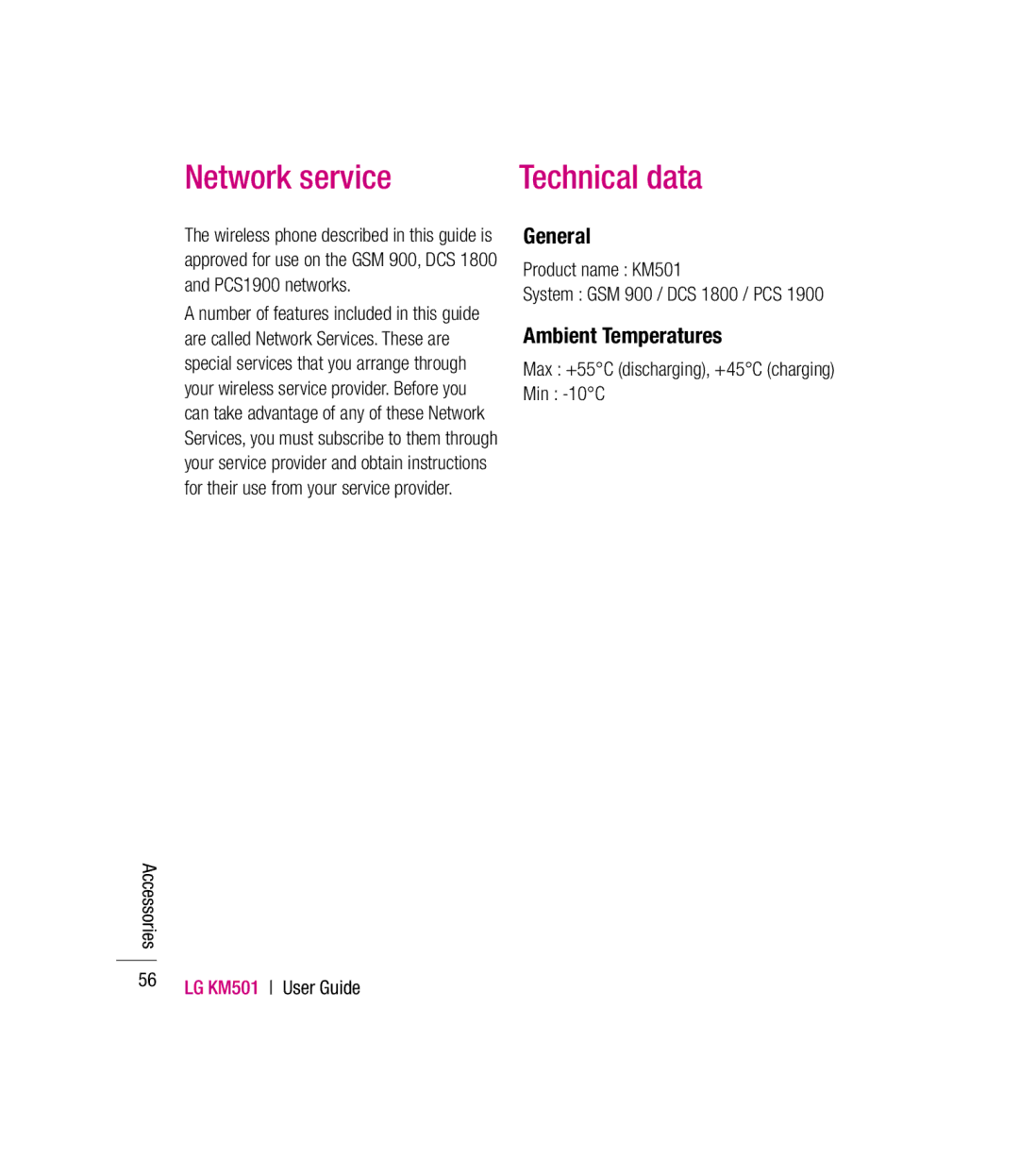 LG Electronics manual Network service, General, Ambient Temperatures, Product name KM501, Min -10C 