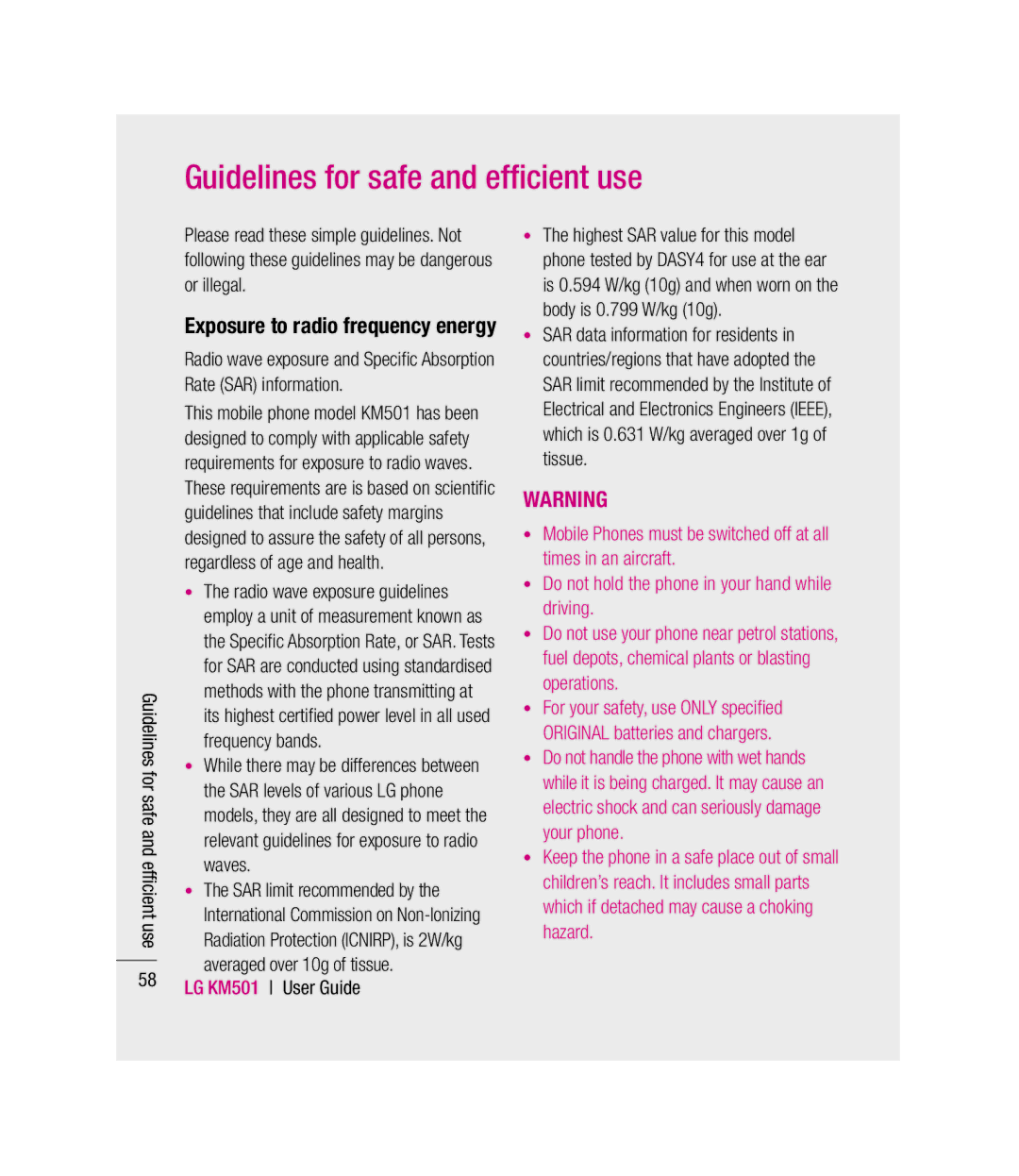 LG Electronics KM501 manual Guidelines for safe and efﬁcient use, Exposure to radio frequency energy 