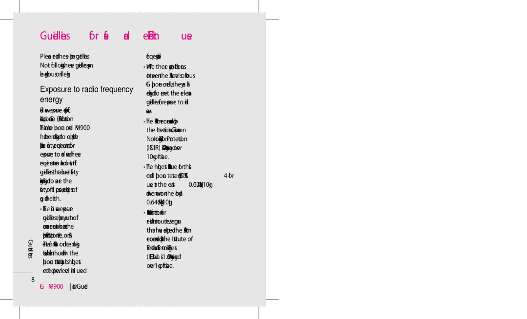 LG Electronics KM900 manual Guidelines for safe and efficientuse, Exposure to radio frequency energy 