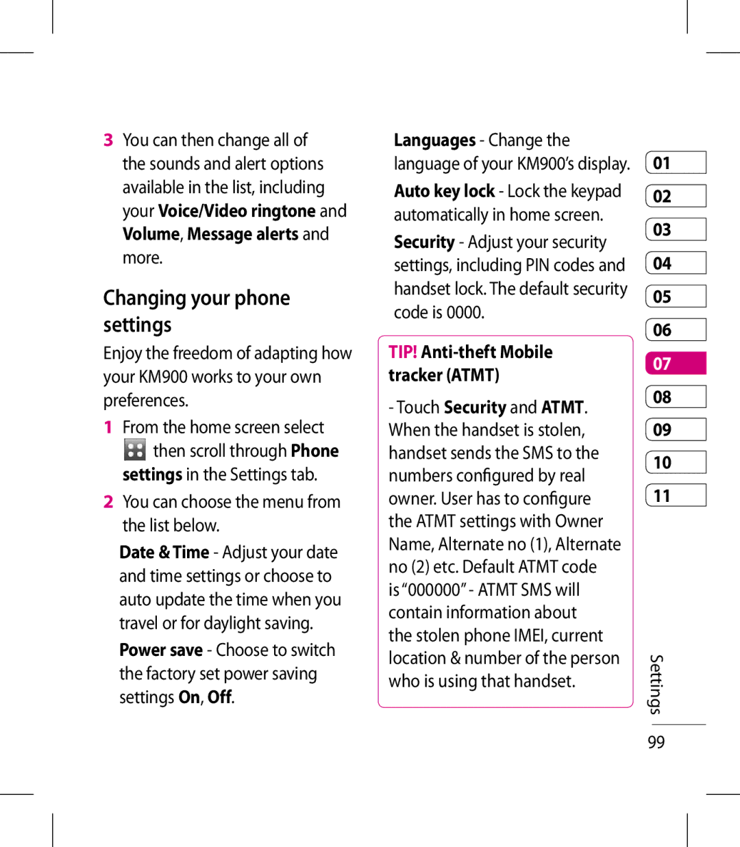 LG Electronics KM900 manual Changing your phone settings, TIP! Anti-theft Mobile tracker Atmt 