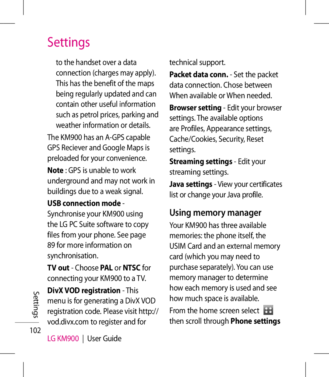 LG Electronics manual Using memory manager, Settings 102, USB connection mode, LG KM900 User Guide Technical support 