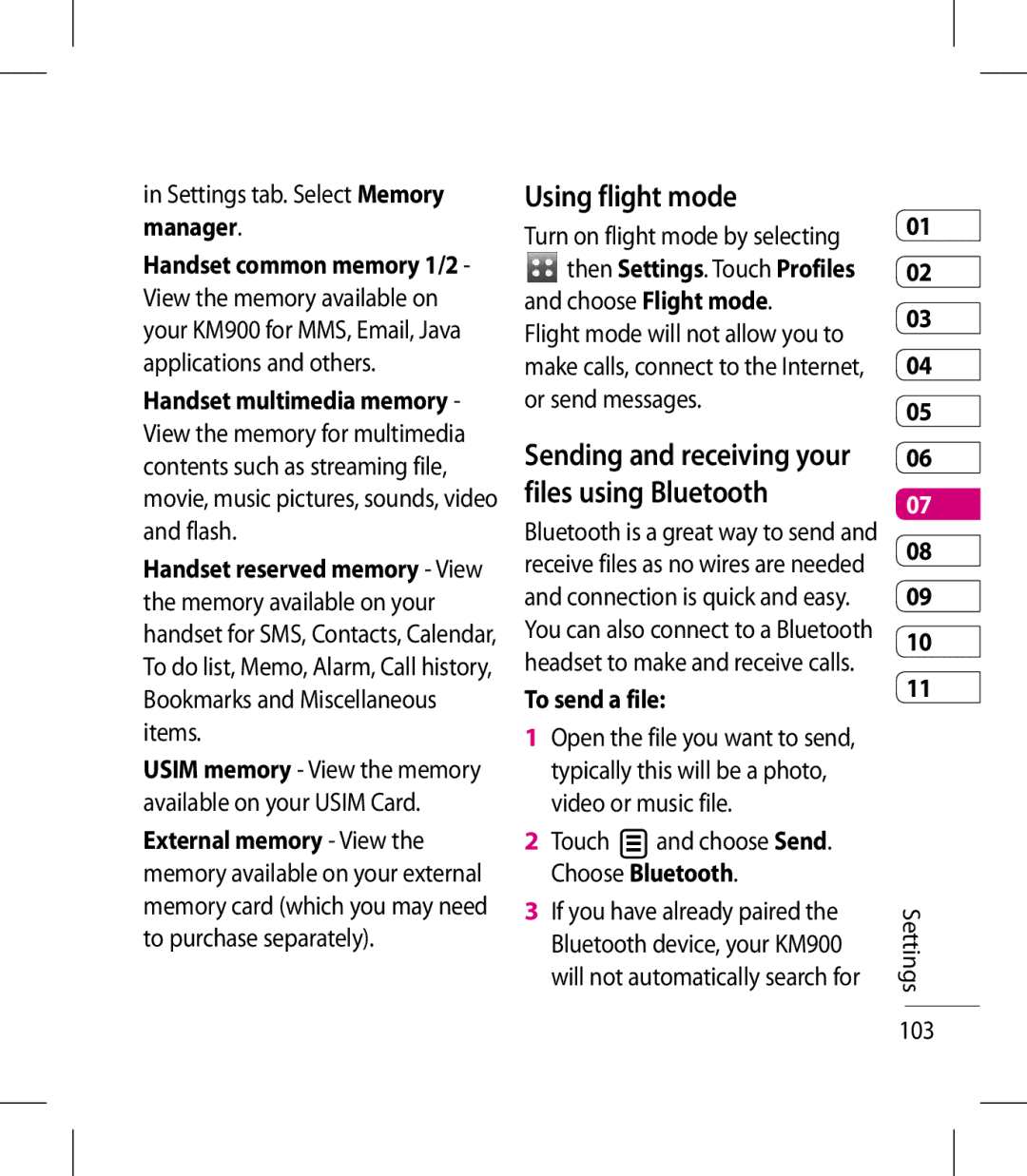 LG Electronics KM900 manual Using flight mode, Manager, Sending and receiving your files using Bluetooth, To send a file 