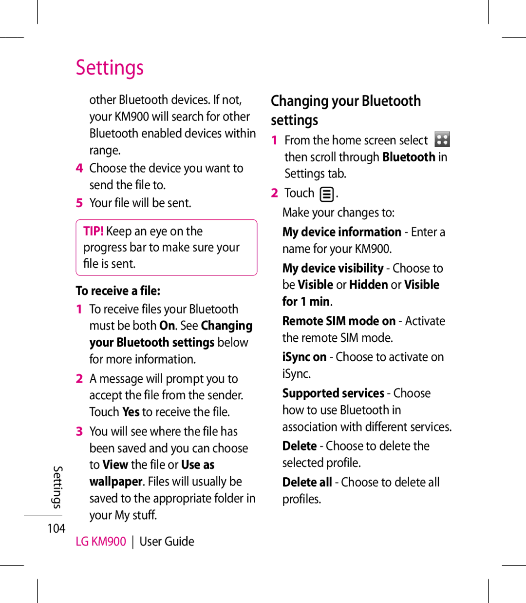 LG Electronics KM900 manual Changing your Bluetooth settings, Settings 10, To receive a file 