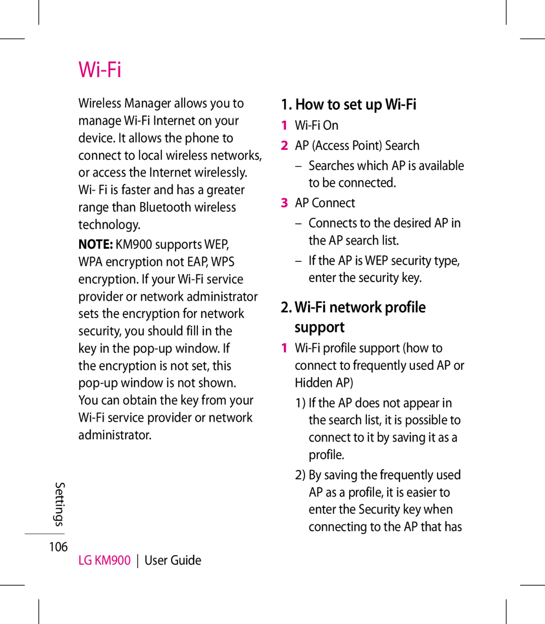 LG Electronics manual How to set up Wi-Fi, Wi-Fi network profile support, Settings 106 LG KM900 User Guide 