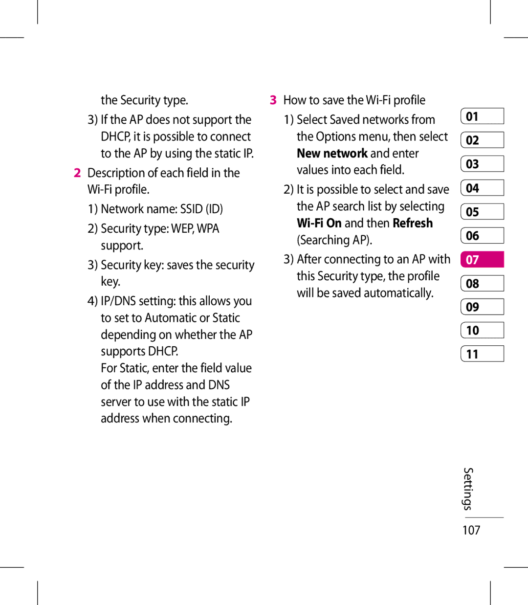 LG Electronics KM900 manual Security type, How to save the Wi-Fi profile, Settings 107 