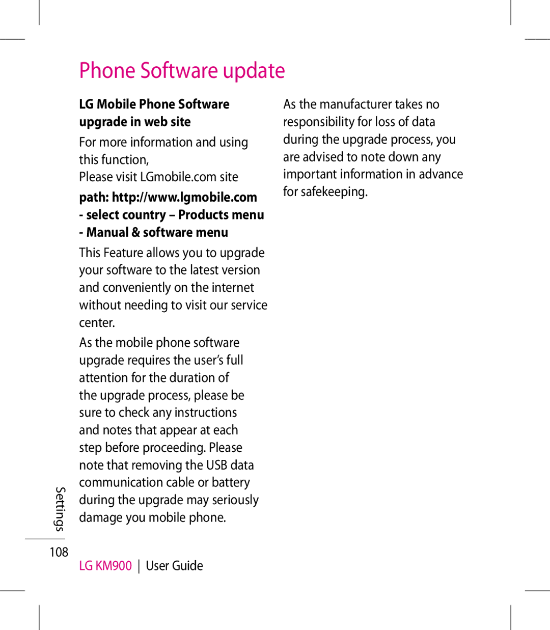 LG Electronics KM900 manual Phone Software update, Settings 108, For more information and using this function 