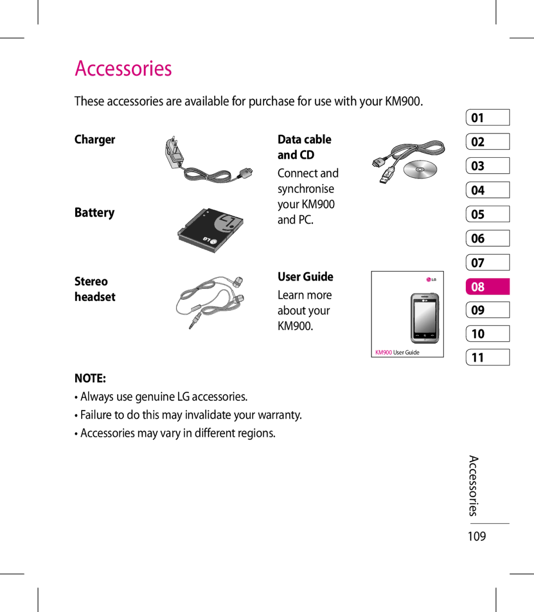 LG Electronics KM900 manual Accessories 