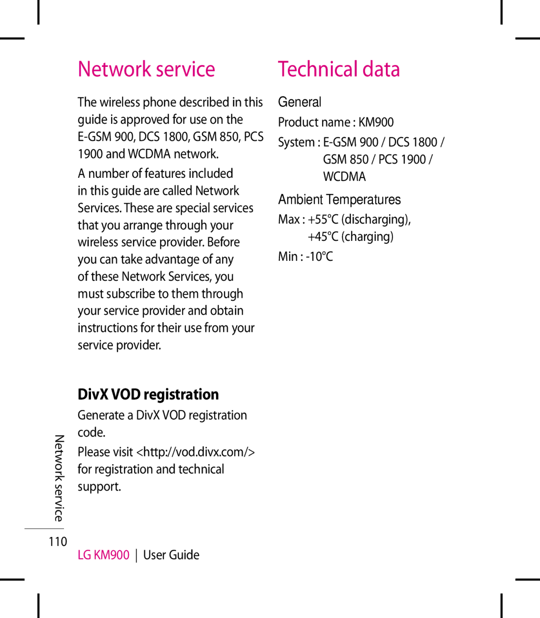 LG Electronics KM900 manual Network service, Technical data, DivX VOD registration, General, Ambient Temperatures 