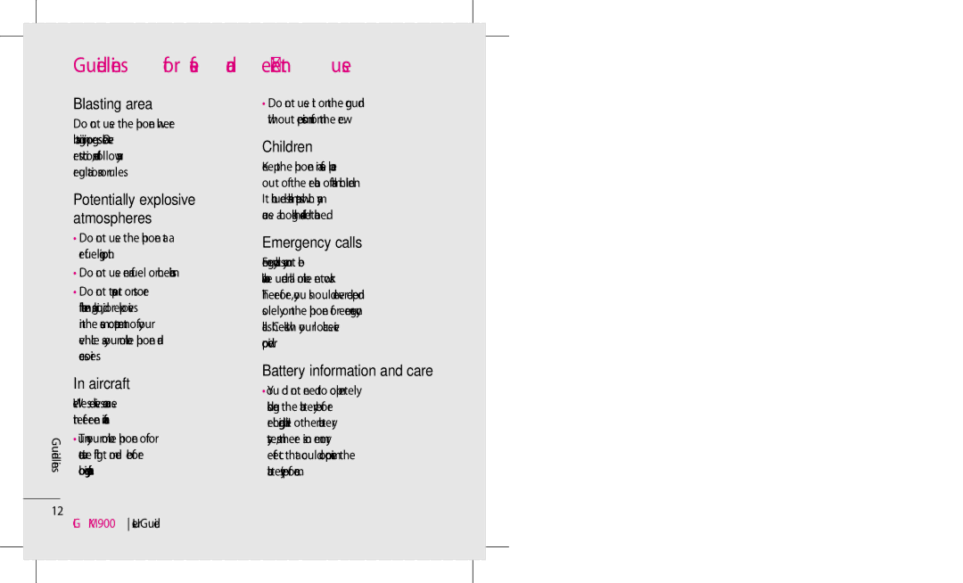 LG Electronics KM900 manual Blasting area, Aircraft, Children, Emergency calls, Battery information and care 