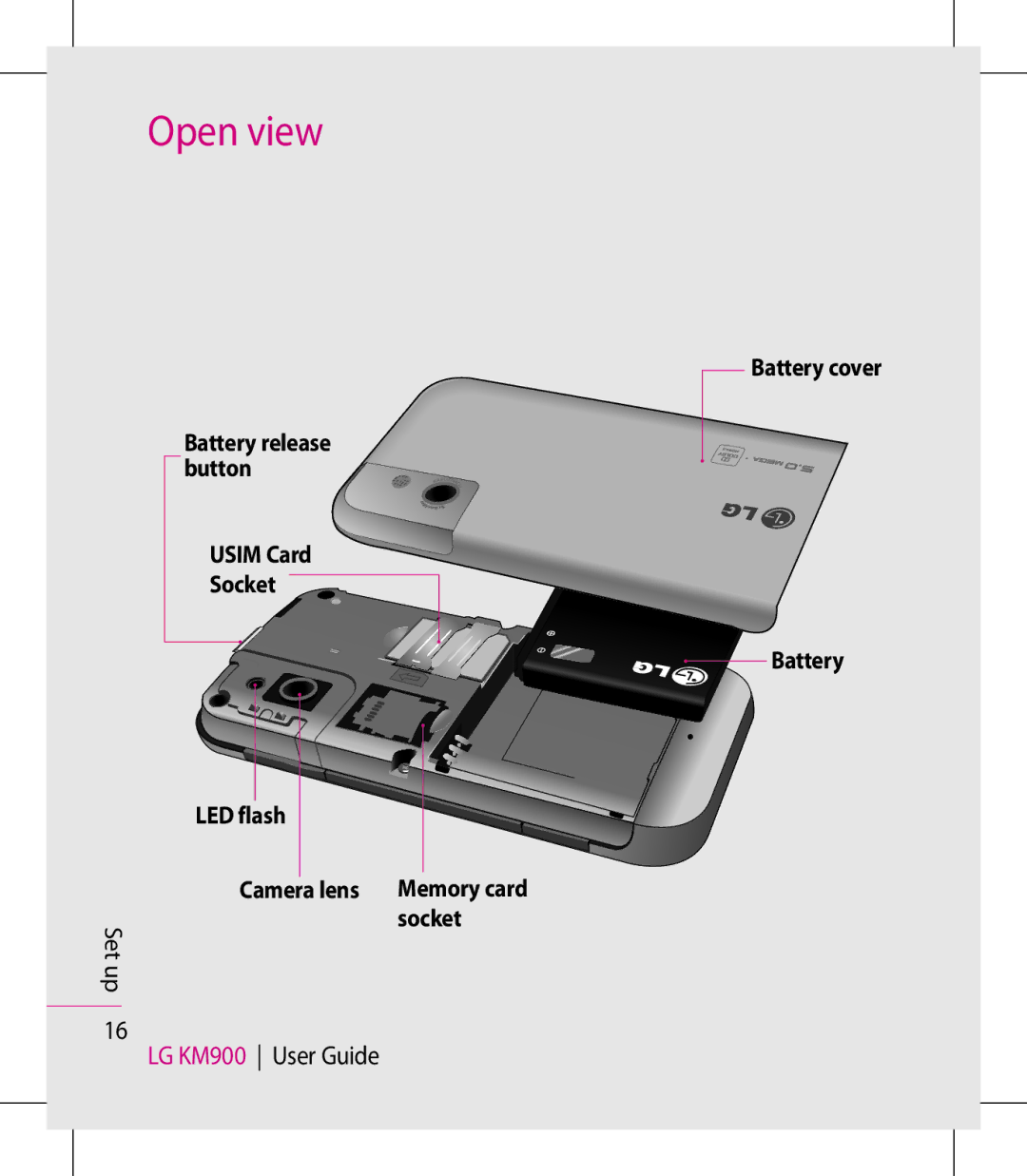 LG Electronics manual Open view, Button, Usim Card Socket LED flash, Set up LG KM900 User Guide, Battery cover 