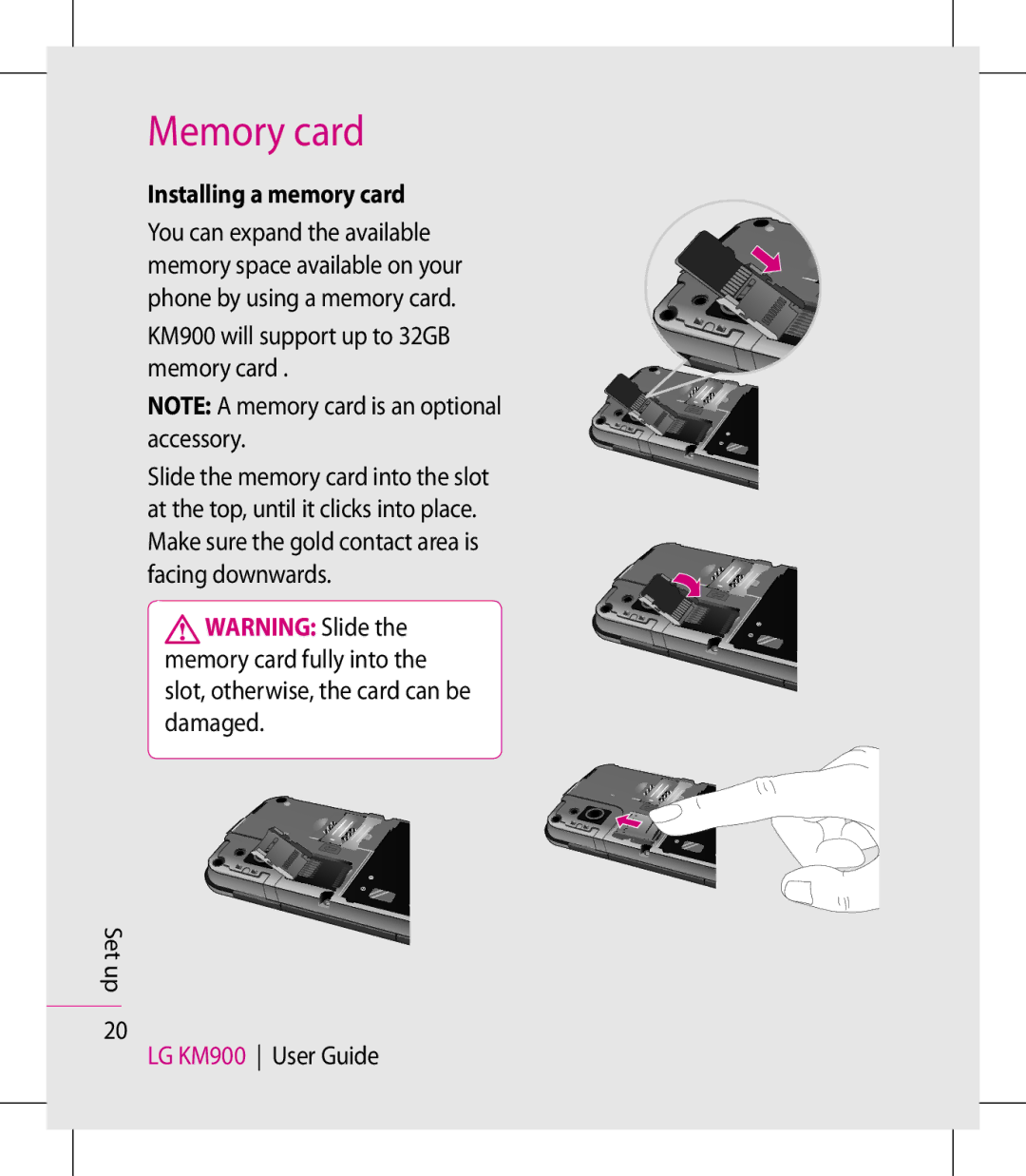 LG Electronics manual Memory card, Installing a memory card, KM900 will support up to 32GB memory card 