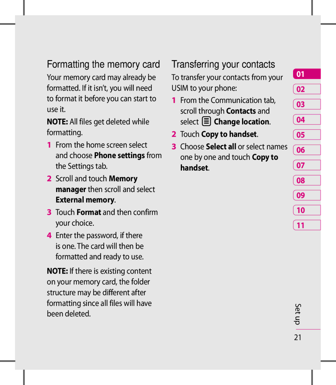 LG Electronics KM900 manual Formatting the memory card, Transferring your contacts, Touch Copy to handset 